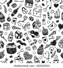 Valentine's day. Vector seamless pattern with hand drawn elements. Valentine, romantic, love. Hearts, sweets, flowers, gifts.