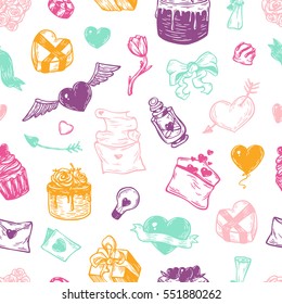 Valentine's day. Vector seamless pattern with hand drawn elements. Valentine, romantic and love. Hearts, sweets, flowers and gifts.