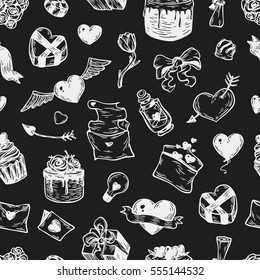Valentine's day. Vector seamless pattern with hand drawn elements. Valentine, romantic and love. Hearts, sweets, flowers and gifts.