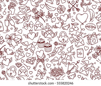 Valentine's Day vector seamless pattern. Pattern for St. Valentine. Many cartoon elements on white background. Cute symbols of love and marriage for stuff design. Black contour