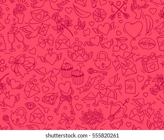 Valentine's Day vector seamless pattern. Pattern for St. Valentine. Many cartoon elements on pink background. Cute symbols of love and marriage for stuff design. Red contour.