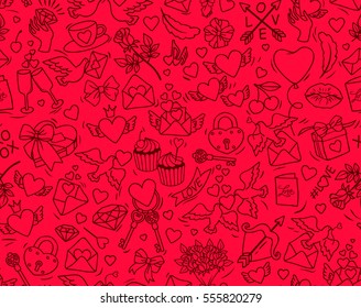 Valentine's Day vector seamless pattern. Pattern for St. Valentine. Many cartoon elements on red background. Cute symbols of love and marriage for stuff design. Black contour