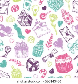Valentine's day. Vector seamless pattern with hand drawn elements. Valentine, romantic, love. Hearts, sweets, flowers and gifts.