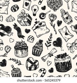 Valentine's day. Vector seamless pattern with hand drawn elements. Valentine, romantic, love. Hearts, sweets, flowers and gifts.