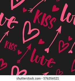 Valentine's Day vector seamless pattern with words: love, kiss; and hand drawn hearts, arrows