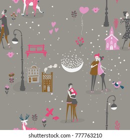 Valentine's Day vector seamless pattern with cute lovers. Girlfriend and boyfriend are in love. Hand drawn illustration in vintage style.