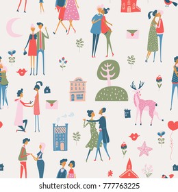 Valentine's Day vector seamless pattern with cute lovers. Girlfriend and boyfriend are in love. Hand drawn illustration in vintage style.