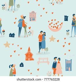 Valentine's Day vector seamless pattern with cute lovers. Girlfriend and boyfriend are in love. Hand drawn illustration in vintage style.