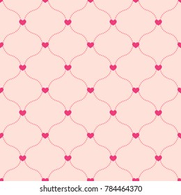 Valentine's day. Vector seamless pattern with hearts and dotted line. Pattern for fabric, textile, wrapping paper, wallpaper, backdrop for wedding, invitation card.