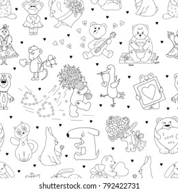 Valentine's day Vector Seamless pattern for kids. Valentine Background with Cute Cartoon Animals with Hearts and Flowers. Funny Teddy Bears, Rabbits, Birds, Cat, Dog and Mouse. Coloring Page