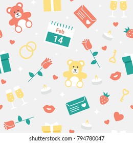 Valentine's Day Vector Seamless Pattern with Calendar, Letter, Toy Bear, Wedding Rings, Glass of Champagne, Tea Candle, Strawberry, Rose, Lips, Key and Gift Box