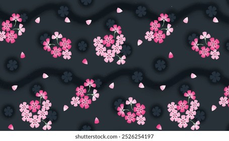 A Valentine's Day vector seamless repeat pattern design of a black background scattered with pink flowers of various sizes made of heart-shaped petals.