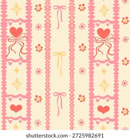 Valentine's Day vector seamless striped pattern. Lace, bows, ribbons, flowers, and hearts. Whimsical Provence romantic wallpaper.