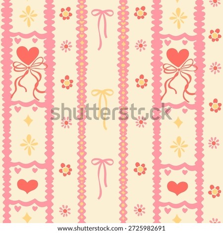 Valentine's Day vector seamless striped pattern. Lace, bows, ribbons, flowers, and hearts. Whimsical Provence romantic wallpaper.