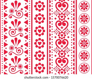 Valentine's Day vector seamless vertical pattern - Scandinavian traditional embroidery folk art style with flowers and hearts. Cute floral Noredic seamless ornament in red on white background