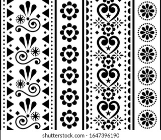 Valentine's Day vector seamless vertical pattern - Scandinavian traditional embroidery folk art style with flowers and hearts. Cute floral Nordic seamless ornament in black on white background