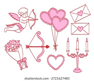 Conjunto de Vector de San Valentín. Ángel, cupido, ramo, arco, flecha, velas.