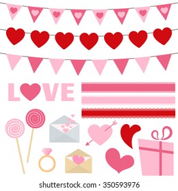 Valentine's Day vector set of bunting, garland and other decoration elements in flat style. Great for Valentine's Day design and scrapbook. Vector illustration.