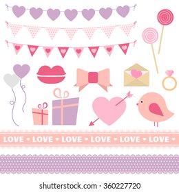 Valentine's Day vector set of bunting, lace ribbons and other decoration elements in flat style. Great for Valentine's Day design and scrapbook. More sets you can find in my portfolio
