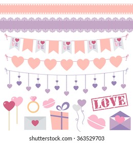 Valentine's Day vector set of bunting, lace ribbons and other decoration elements. Great for Valentine's Day design and scrapbook. Vector illustration. More sets you can find in my portfolio
