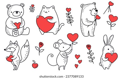 Valentine's Day Vector Set. Cute animals in doodle style holding hearts, bear, mouse, fox, cat, hare. Different flowers and hearts. Linear black and white children's illustration 