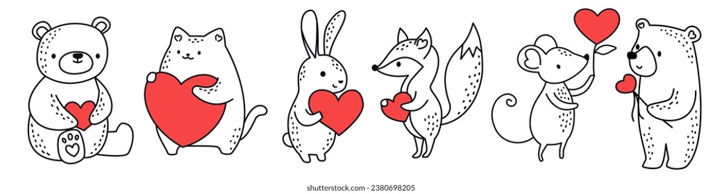 Valentine's Day Vector Set. Cute animals in doodle style holding hearts, bear, mouse, fox, cat, hare. Linear black and white children's illustration 