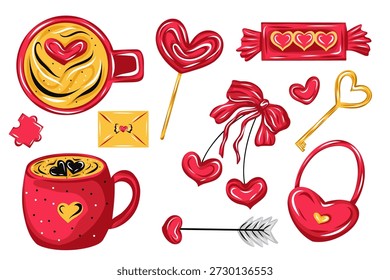 Valentine's Day vector set with cute hearts, coffee cups, candy, envelope, bow, key and love symbols in red and gold colors, hand drawn style for cards, stickers, packaging and romantic designs