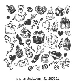 Valentine's day. Vector set of hand drawn elements. Valentine, romantic, love. Hearts, sweets, flowers, gifts.