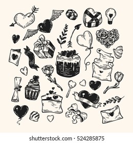 Valentine's day. Vector set of hand drawn elements. Valentine, romantic, love. Hearts, sweets, flowers, gifts.