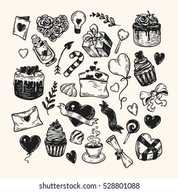 Valentine's day. Vector set of hand drawn elements. Valentine, romantic, love. Hearts, sweets, flowers, gifts.
