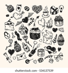 Valentine's day. Vector set of hand drawn elements. Valentine, romantic, love. Hearts, sweets, flowers, gifts.