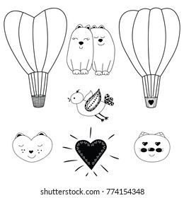 Valentine's day. Vector set of hand drawn elements and characters.Valentine, romantic, love.Cute cats and  bird ,air balloons,hearts