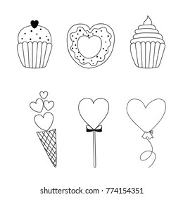 Valentine's day. Vector set of hand drawn elements.Valentine, romantic, love. Hearts and sweets