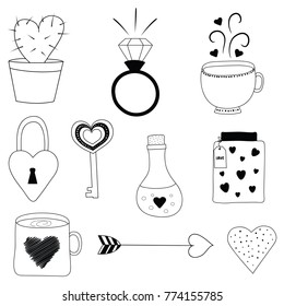 Valentine's day. Vector set of hand drawn elements.Valentine, romantic, love
