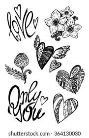 Valentine's Day vector set - a set of hand-drawn ornamental elements, related to Valentine's Day. Includes floral elements, heart-shaped doodles and hand-drawn text.