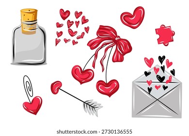 Valentinstag Vektor-Set mit Herzen, Umschlag, Pfeil, Bogen, Flasche und Liebe Symbole in roten und rosa Farben. Handgezeichneter Stil für Karten, Aufkleber, Einladungen, Verpackungen und romantische Designs