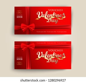 Valentines day Vector set of luxury red gift vouchers with ribbons and bow. Elegant template for a festive gift card, coupon and certificate. Discount Coupon Template. Vector Illustration EPS10