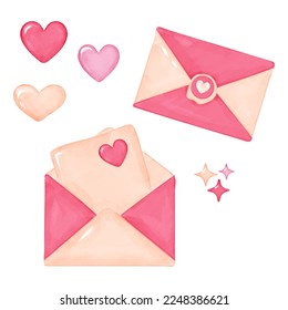 Valentine's Day Vector Set. Pink set of objects for Valentine's Day design for cards, banners or posters in watercolor style. Mailing envelope, letter in envelope and hearts. 