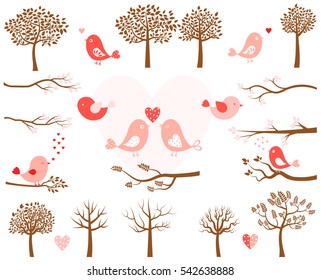 Valentine's day vector set with pink birds and brown tree silhouettes and branches 