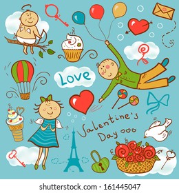 Valentines day vector set, romantic doodle illustration