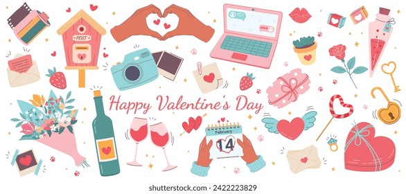 Valentine's Day. Vector set of romantic elements for Valentine's Day. Mailbox, Valentine's Day, envelope, bouquet, wine in glasses, calendar, love potion, candy, open lock, kiss.