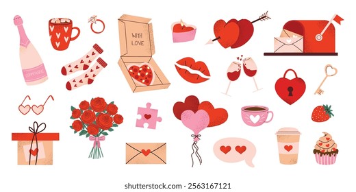 Valentine's Day vector set with romantic love symbols. Cute hearts, chocolate box, roses bouquet, champagne, balloons, gifts, and coffee cups. Flat vector illustrations isolated on white background.