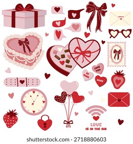 Valentine's Day vector set with romantic love symbols. Cute hearts, chocolate box, love quotes, Cute heart-shaped Valentine cake, gifts, ribbon bows, and a bouquet of heart balloons, various love letters and envelopes. Cute icons include heart-shaped sunglasses, a "Love is in the air" Wi-Fi symbol, strawberries, a heart-shaped padlock, a clock, and conversation hearts with phrases like "Be Mine" and "XOXO" Flat vector illustrations isolated on white background.