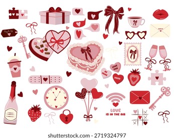 Valentine's Day vector set with romantic love symbols. Cute hearts, chocolate box, love quotes, Cute heart-shaped Valentine cake, gifts, ribbon bows, champagne, key to my heart, kiss, coffee cup, and a bouquet of heart balloons, various love letters and envelopes. Cute icons include heart-shaped sunglasses, a "Love is in the air" Wi-Fi symbol, strawberries, a heart-shaped padlock, a clock, and conversation hearts with phrases like "Be Mine" and "XOXO" Flat vector illustrations isolated on white background.