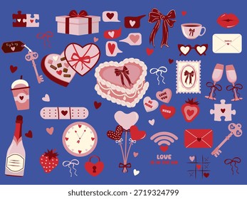 Valentine's Day vector set with romantic love symbols. Cute hearts, chocolate box, love quotes, Cute heart-shaped Valentine cake, gifts, ribbon bows, champagne, key to my heart, kiss, coffee cup, and a bouquet of heart balloons, various love letters and envelopes. Cute icons include heart-shaped sunglasses, a "Love is in the air" Wi-Fi symbol, strawberries, a heart-shaped padlock, a clock, and conversation hearts with phrases like "Be Mine" and "XOXO" Flat vector illustrations isolated on blue background.