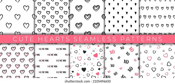 Valentine's day vector set seamless pattern of Love text and tiny red and black hearts on white color background. 