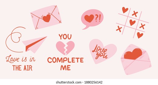 Valentine's day vector set. Trendy hand-drawn illustrations and quotes. Isolated elements perfect for print, template, greeting cards, graphic, poster, stickers. 