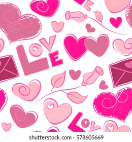Valentines day vector sketch. Good for printing, fabric, textile or wrapping paper. Creative, luxury style on a white. Hearts and love text seamless pattern in magenta and pink colors.