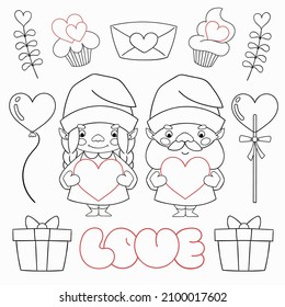 Esbozo vectorial de San Valentín aislado clipart. Ilustración de Valentine Gnome.