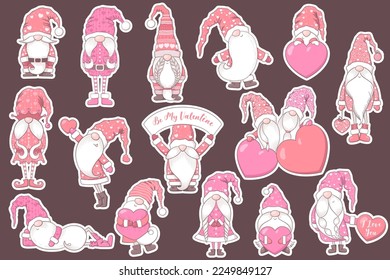 Valentines Day vector stickers collection with cute pink hand drawn gnomes, hearts and decorations isolated on brown background. Illustration set for card, print, banner, tags, planner